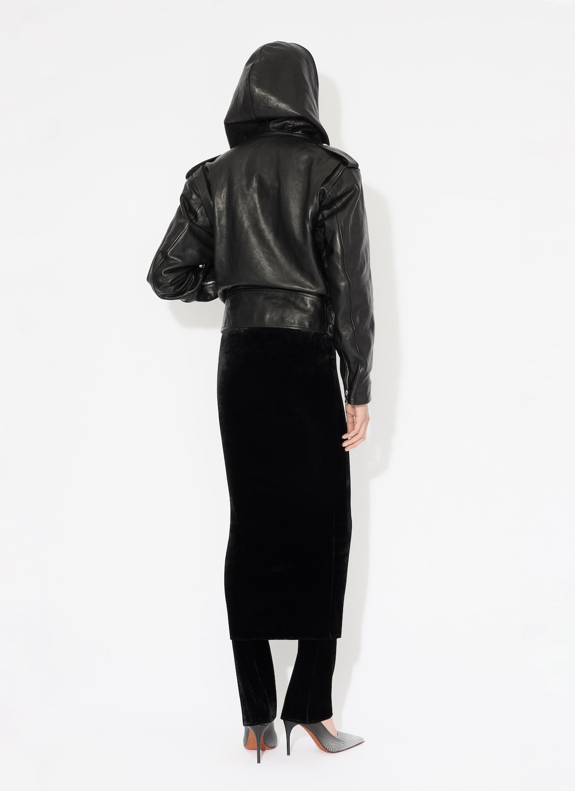 LEATHER HOODED BIKER JACKET ALAÏA BLACK LEATHER HOODED BIKER JACKET